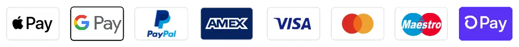 Apple Pay, Google Pay, PayPal, Amex, Visa, Mastercard, Maestro, DPay